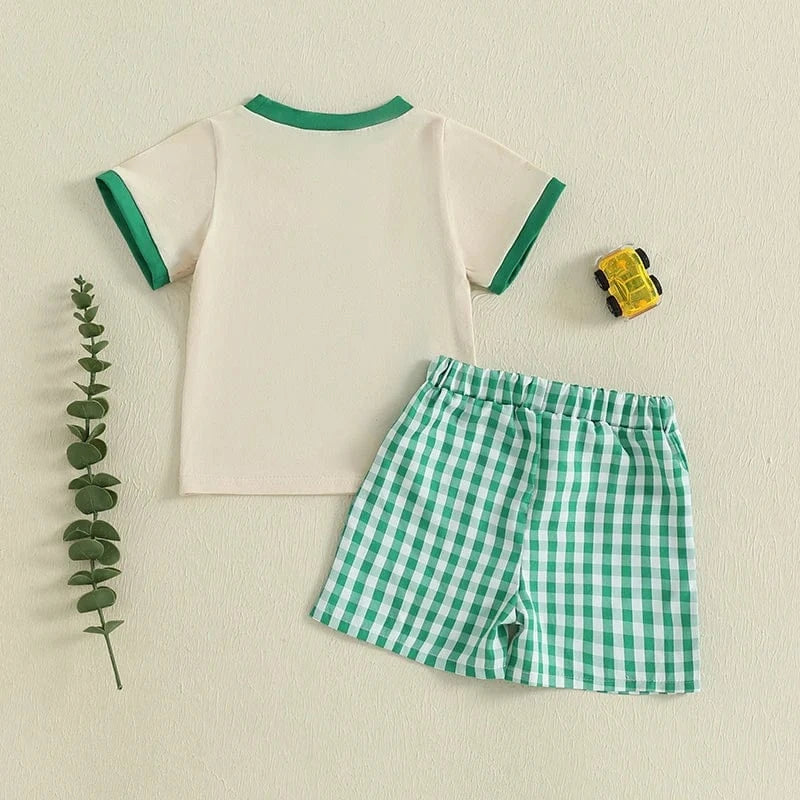 Tractor Embroidered T-Shirt and Green Plaid Shorts Set