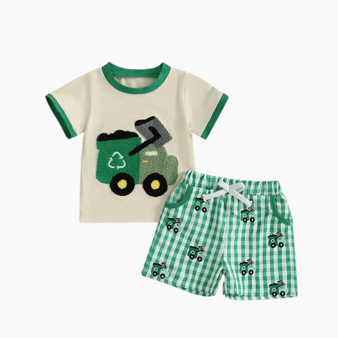 Tractor Embroidered T-Shirt and Green Plaid Shorts Set