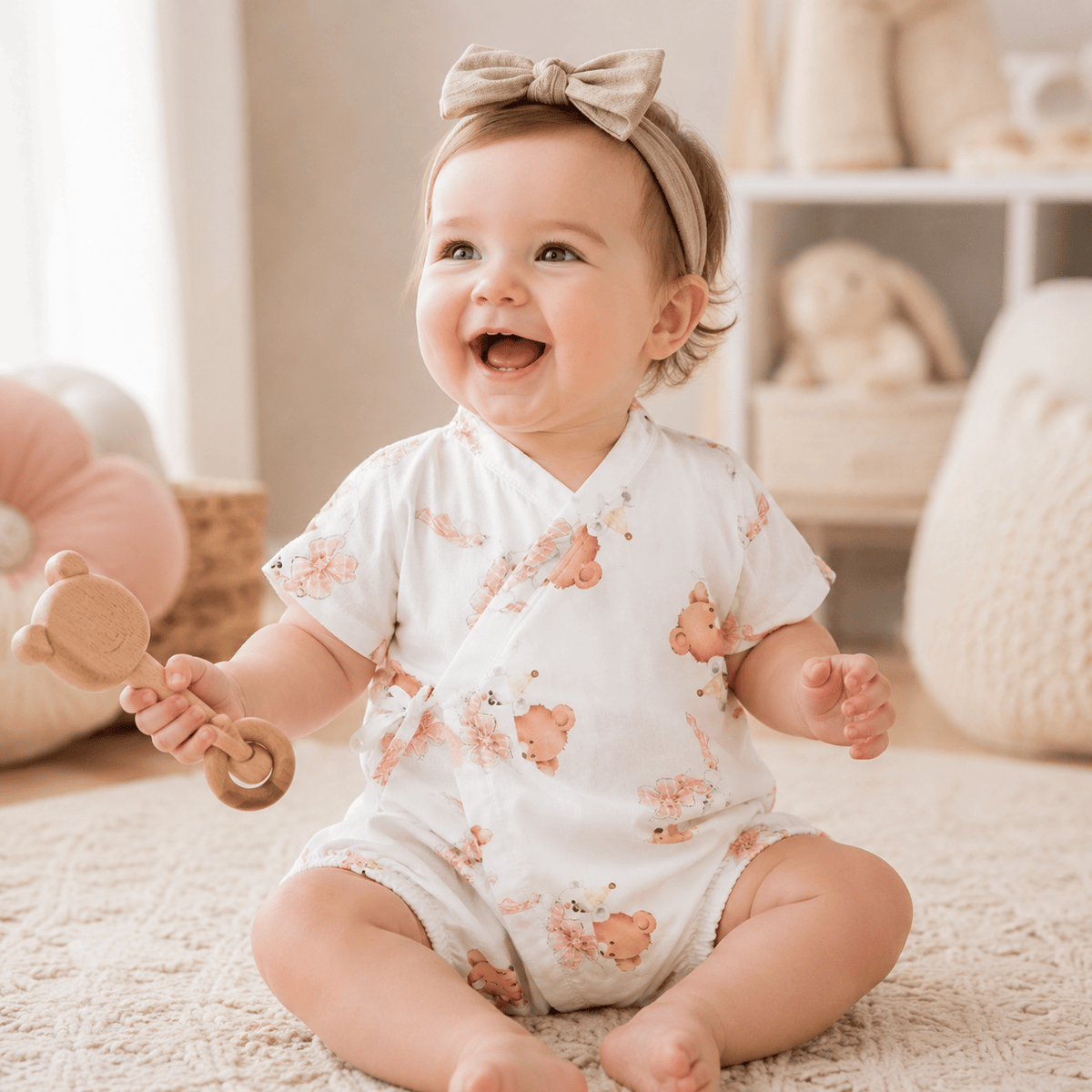 Unisex Baby Bamboo Fiber Cute Printed Short Sleeve Breathable Summer Onesie