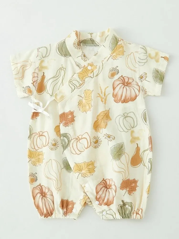 Harvest Pumpkin / 0-3M Unisex Baby Bamboo Fiber Cute Printed Short Sleeve Breathable Summer Onesie