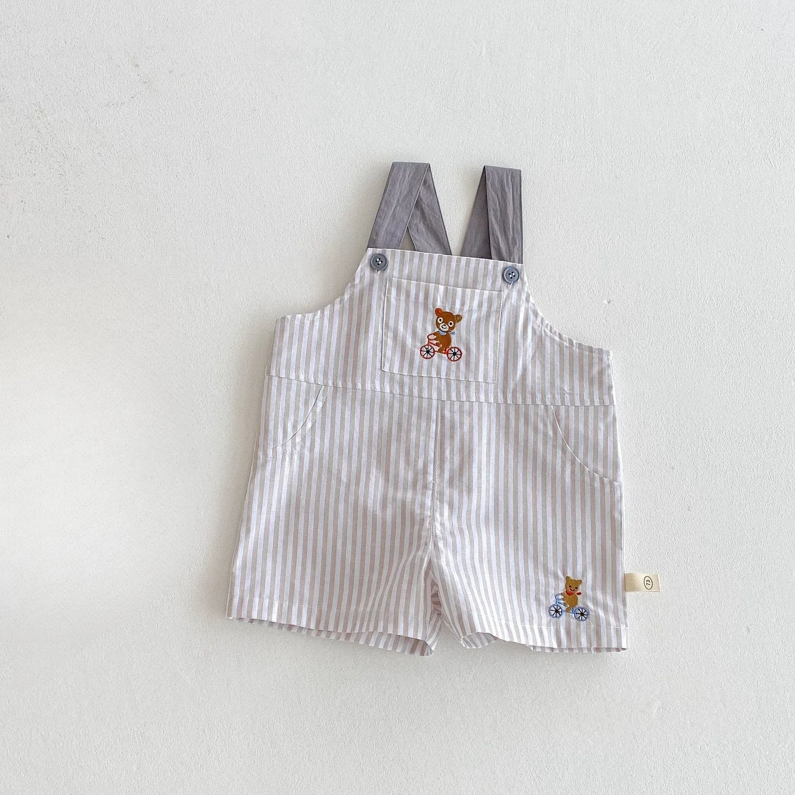 Gray / 3T Unisex Checkered Overalls with Bear Embroidery