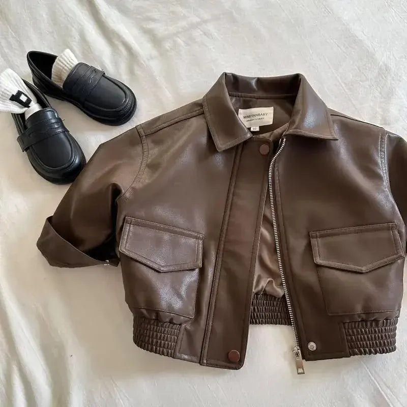 Chocolate / 18-24M Unisex Faux Leather Jacket