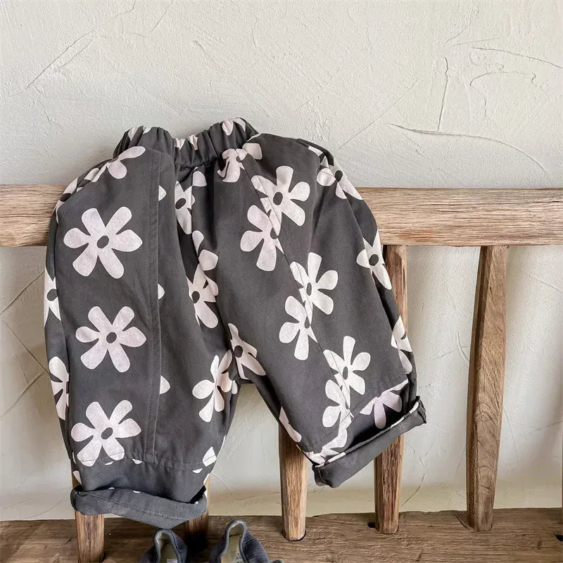 Gray / 1T Unisex Flower Print Washed Cotton Harem Pants