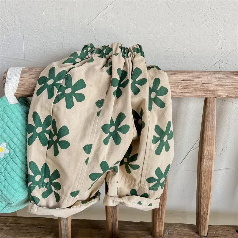 Khaki / 1T Unisex Flower Print Washed Cotton Harem Pants