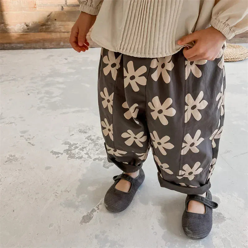 Unisex Flower Print Washed Cotton Harem Pants