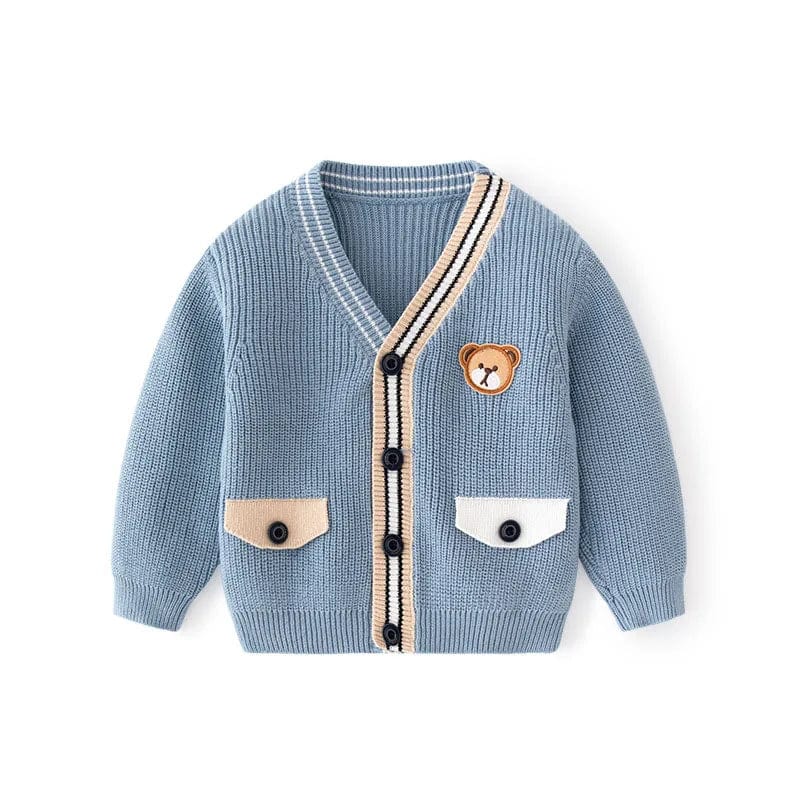 Blue / 9-12M V-Neck Sweater with Bear Patch