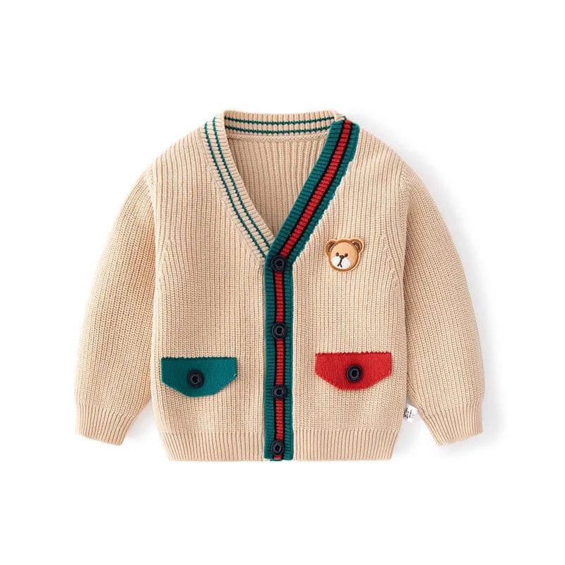 Ivory / 9-12M V-Neck Sweater with Bear Patch