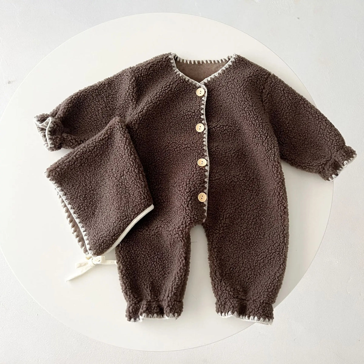 Dark Brown / 0-6M Velvet Baby Jumpsuit &amp; Hat Set