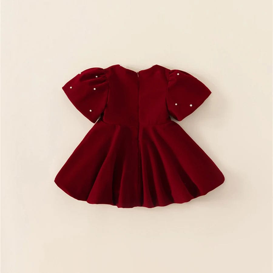 Girl's Clothing Velvet Red Puff Sleeve Party Dress