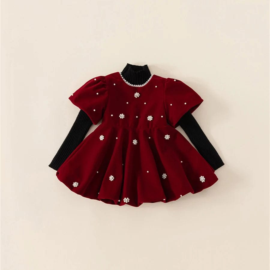 Girl's Clothing Velvet Red Puff Sleeve Party Dress