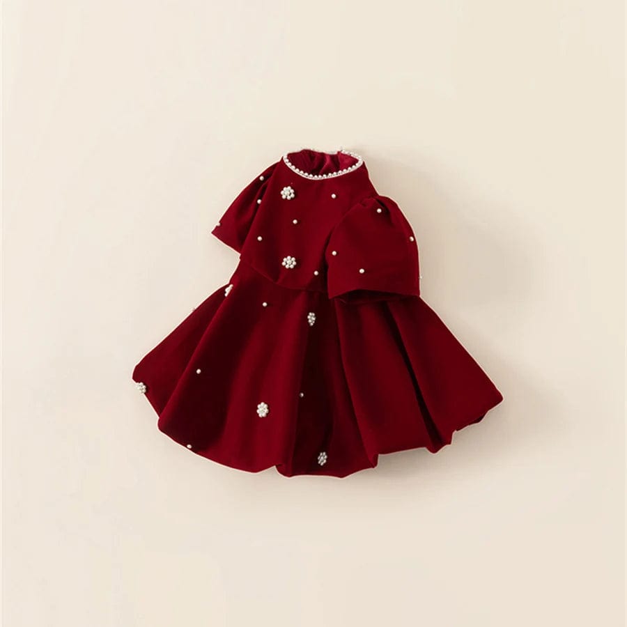 Girl's Clothing Velvet Red Puff Sleeve Party Dress