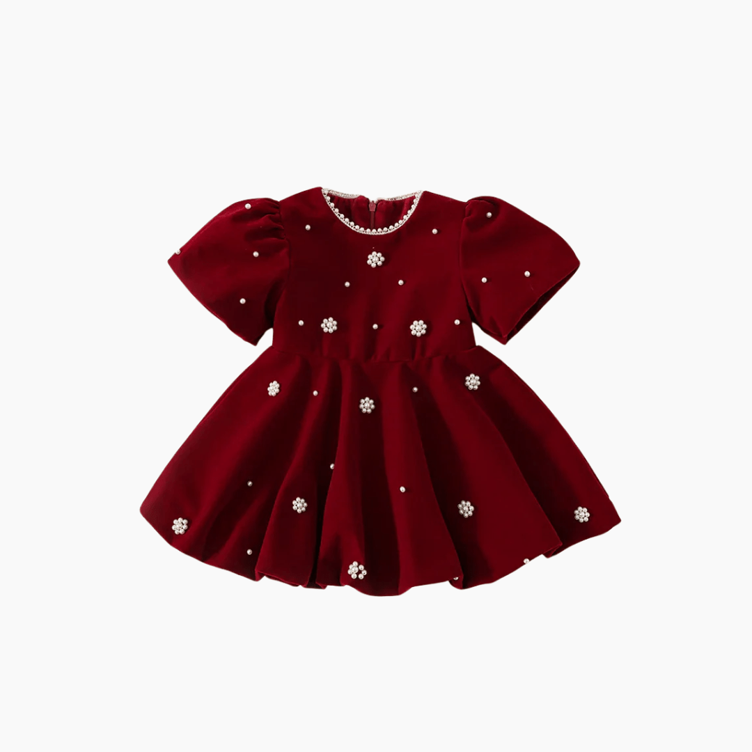 Girl&#39;s Clothing Velvet Red Puff Sleeve Party Dress