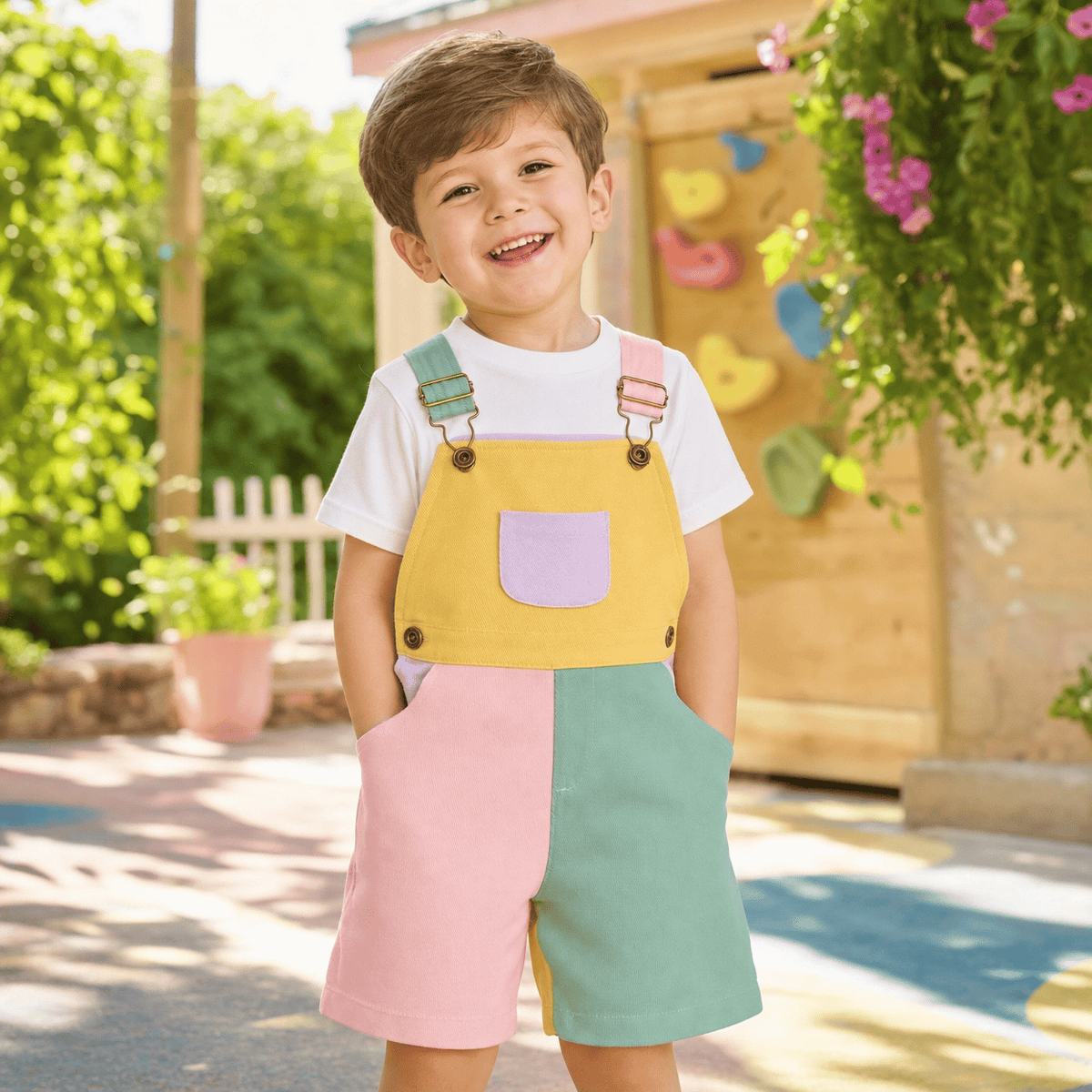 Vibrant Contrast Color Toddler Overalls Shorts