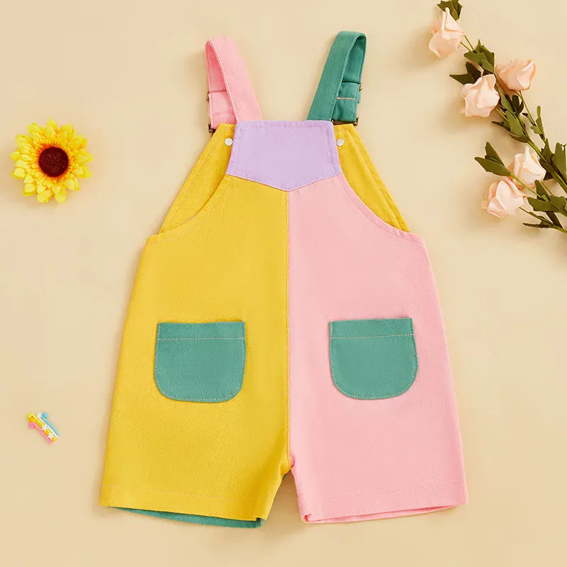 Vibrant Contrast Color Toddler Overalls Shorts