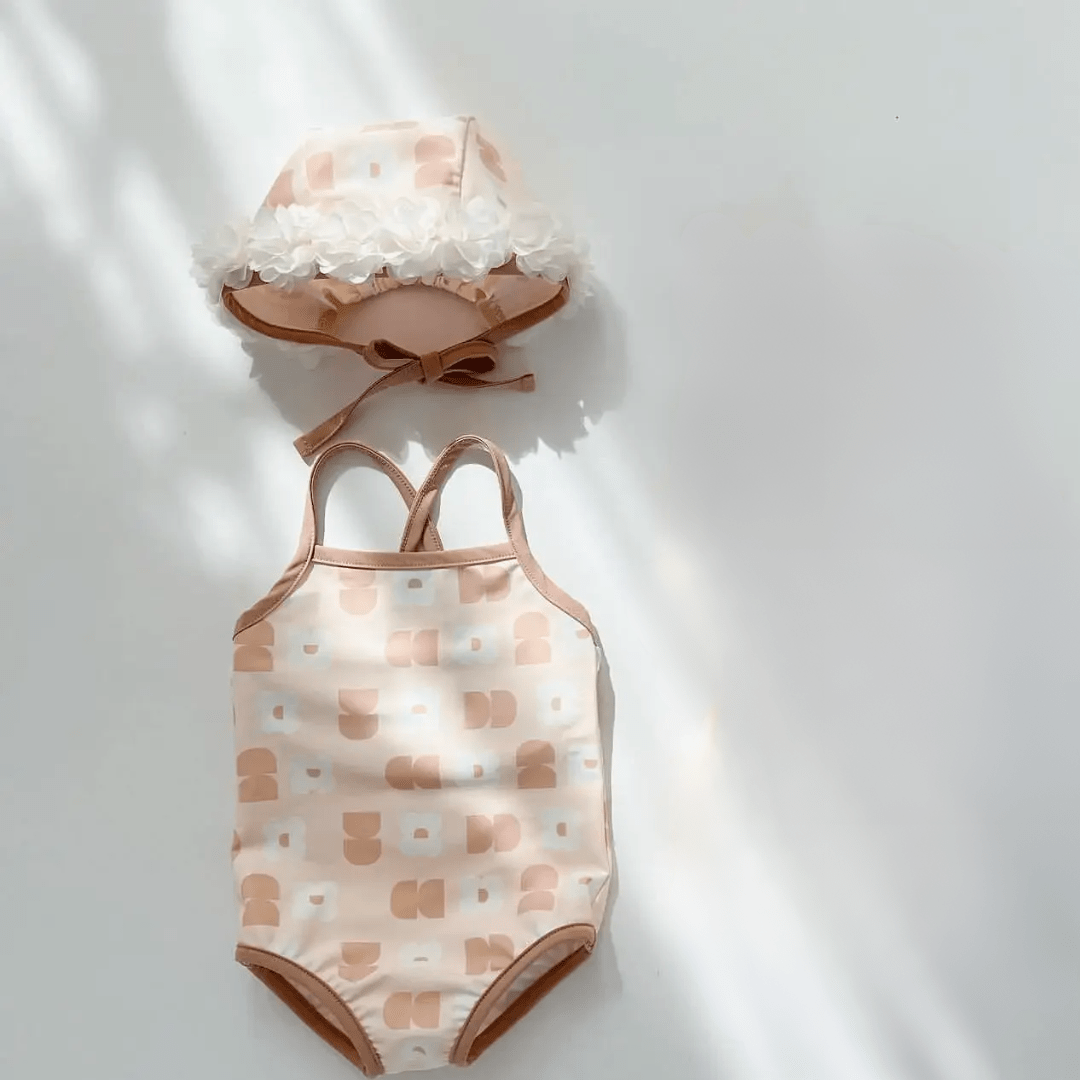 Beige One Piece / 6-9M Vintage Floral Girls Swimwear