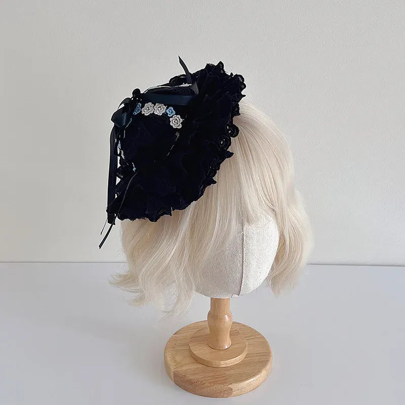 Black Vintage Lace & Bow Mini Top Hat Hair Clip