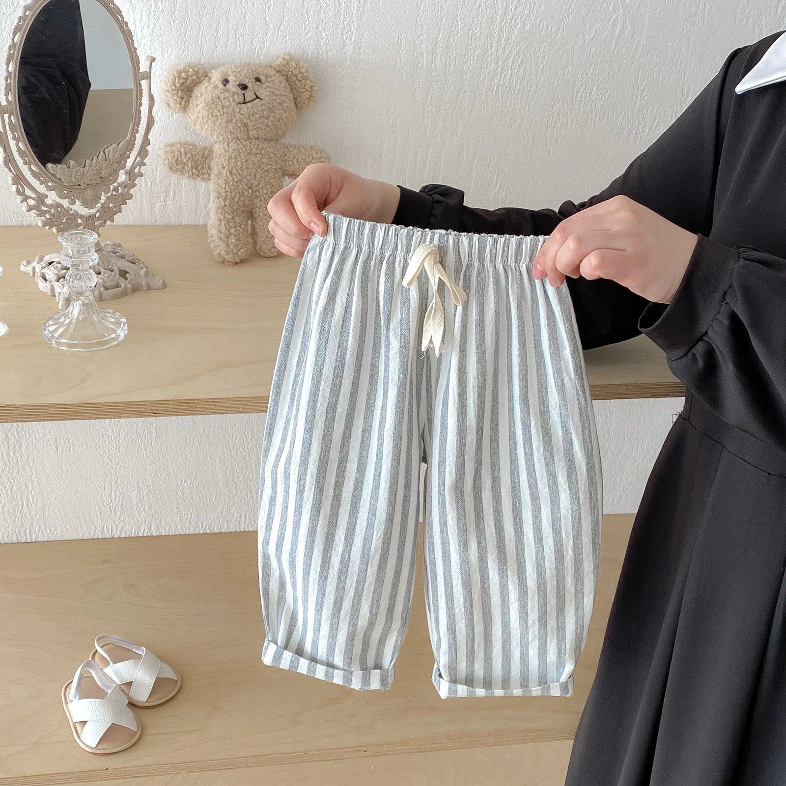 Black / 12-18M Vintage Striped Linen Cotton Pants