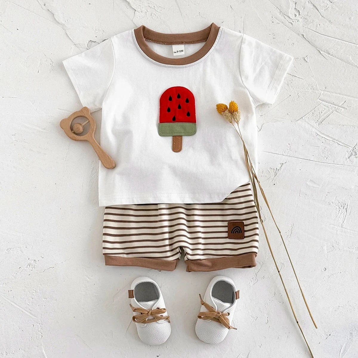 Set (without shoes) / 6-9M Watermelon Ice Cream T-Shirt and Stripe Shorts Set