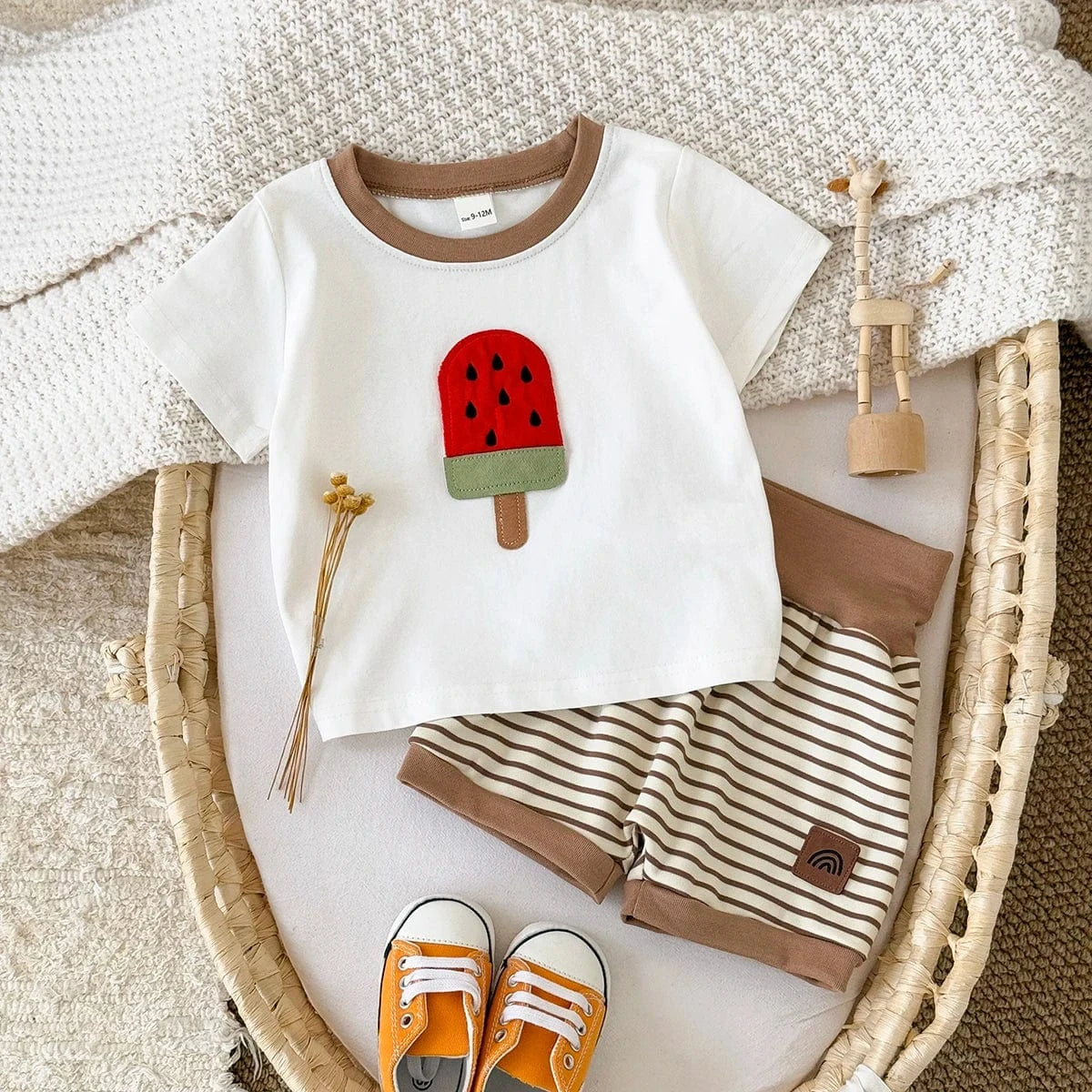 Watermelon Ice Cream T-Shirt and Stripe Shorts Set