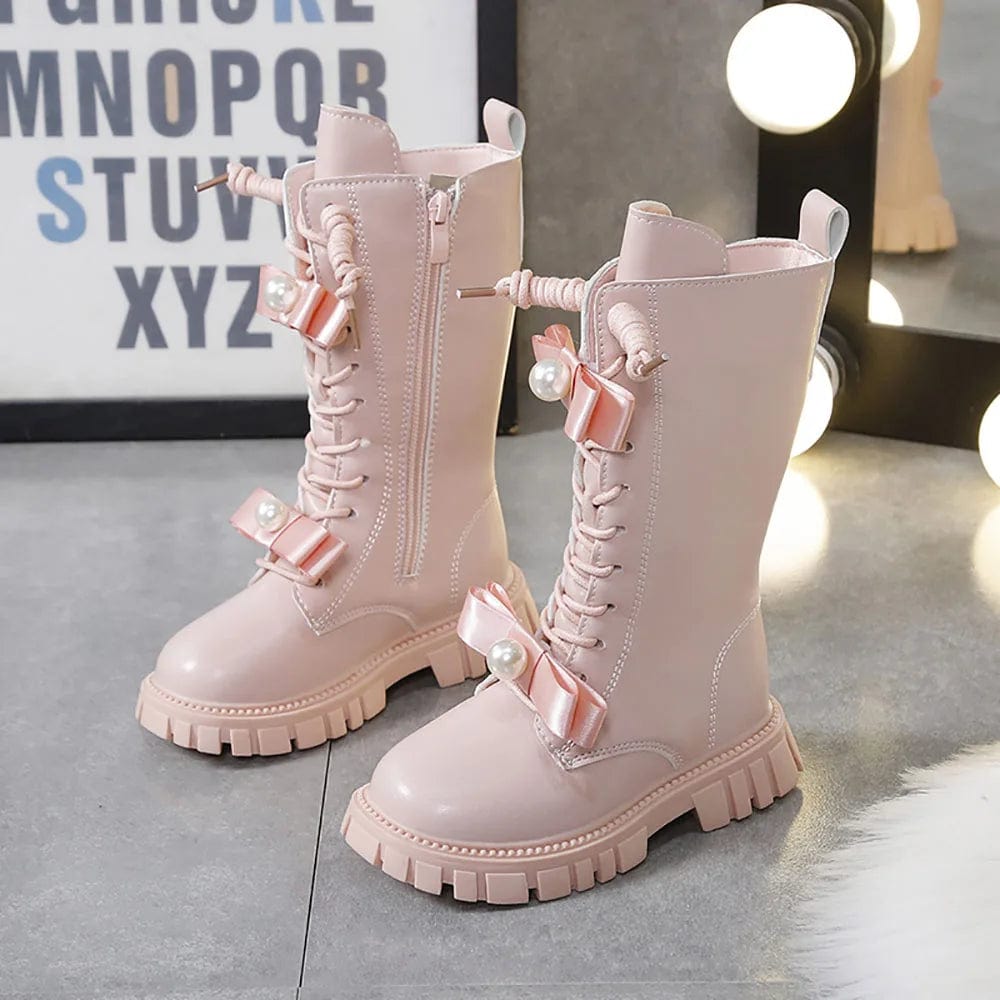 Stylish Pearl Bow Boots Pink 30