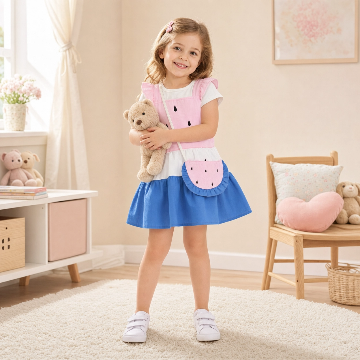 Cute Watermelon Print Flutter Sleeve Dress & Bag Set