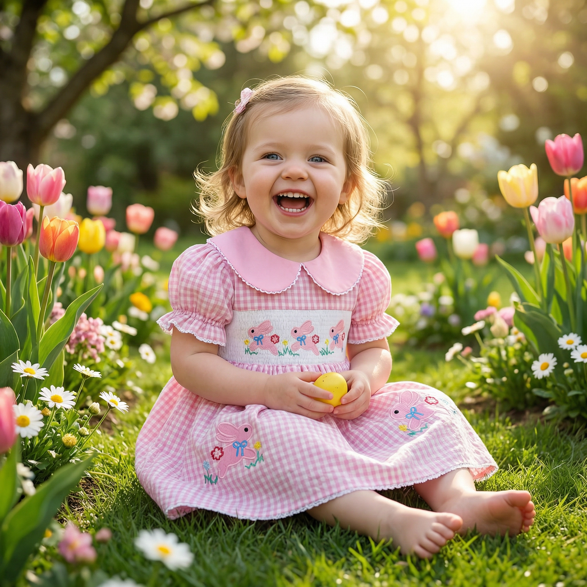 Toddler Girl's Plaid & Bunny Embroidery Easter Dress