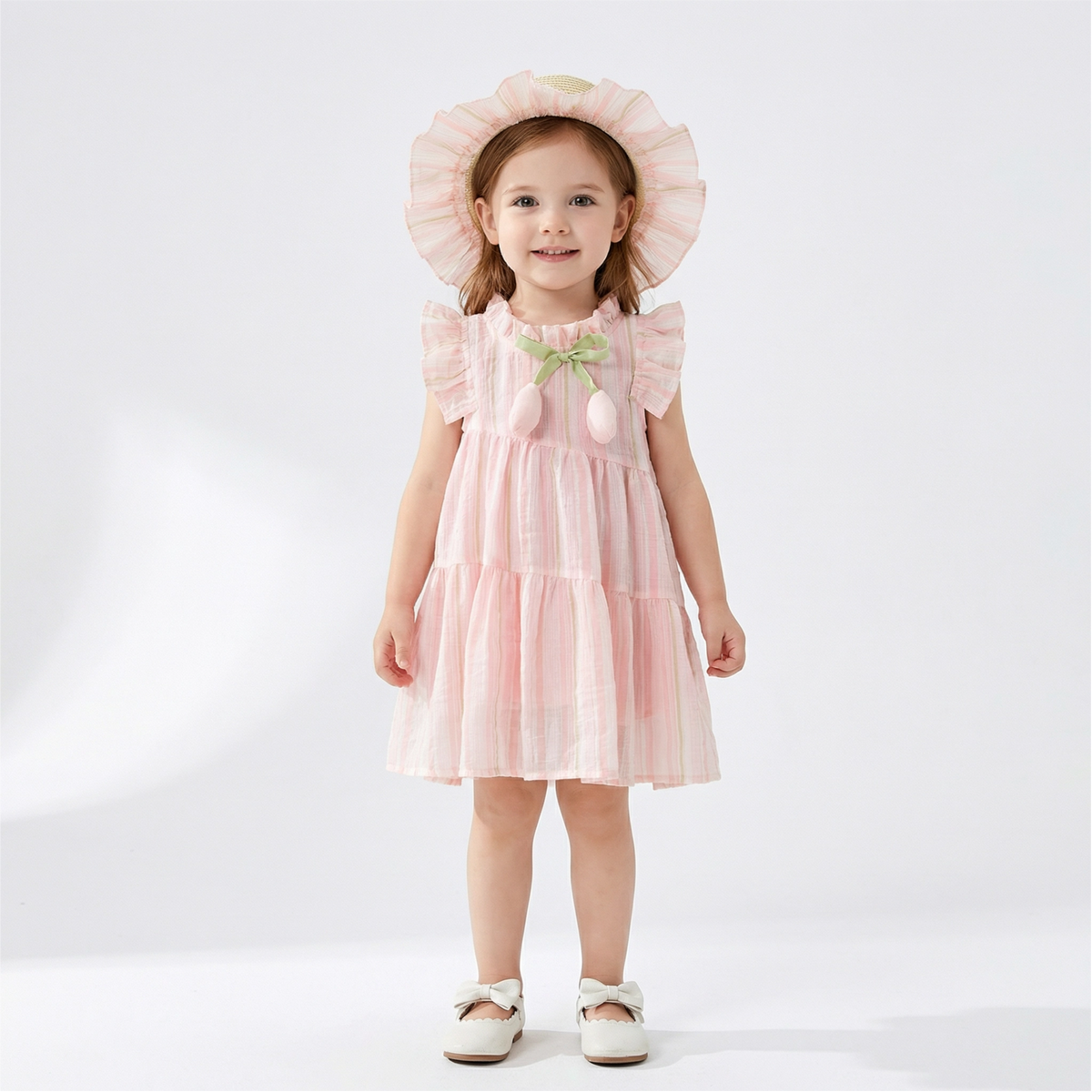 Cute Tulip Fly Sleeve Girl Beach Dress & Hat