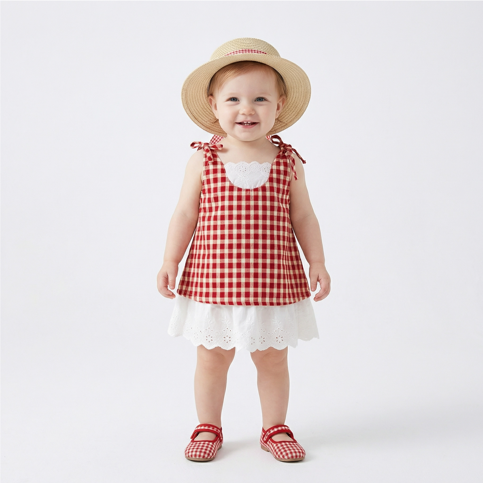Red Plaid Summer Dress & Hat Set