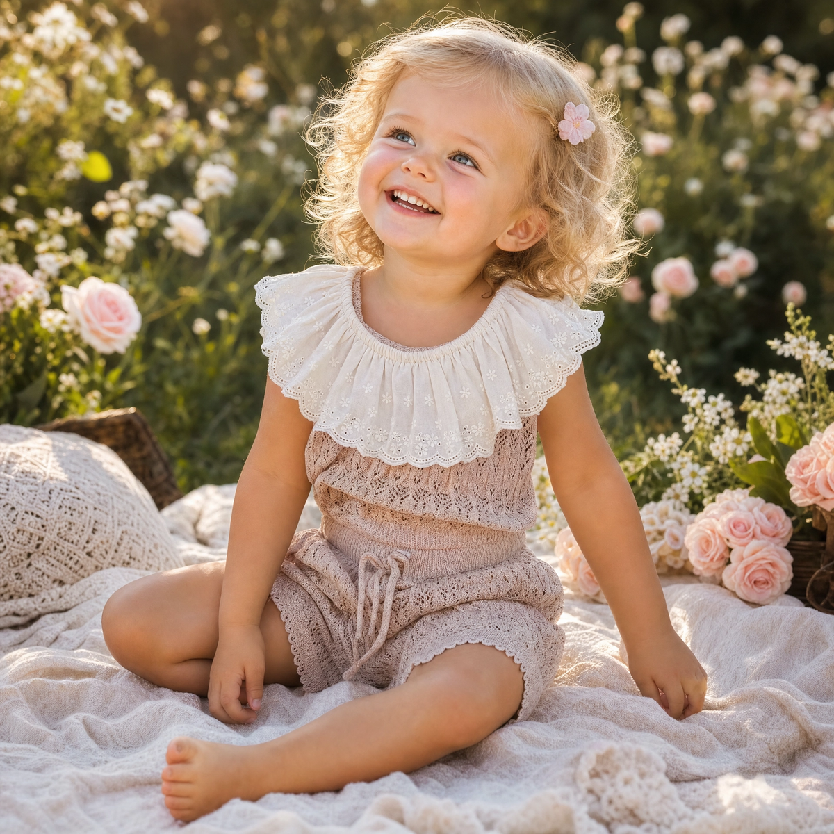 Baby Girls Hollow Knit Lace Collar Vest & Shorts Set
