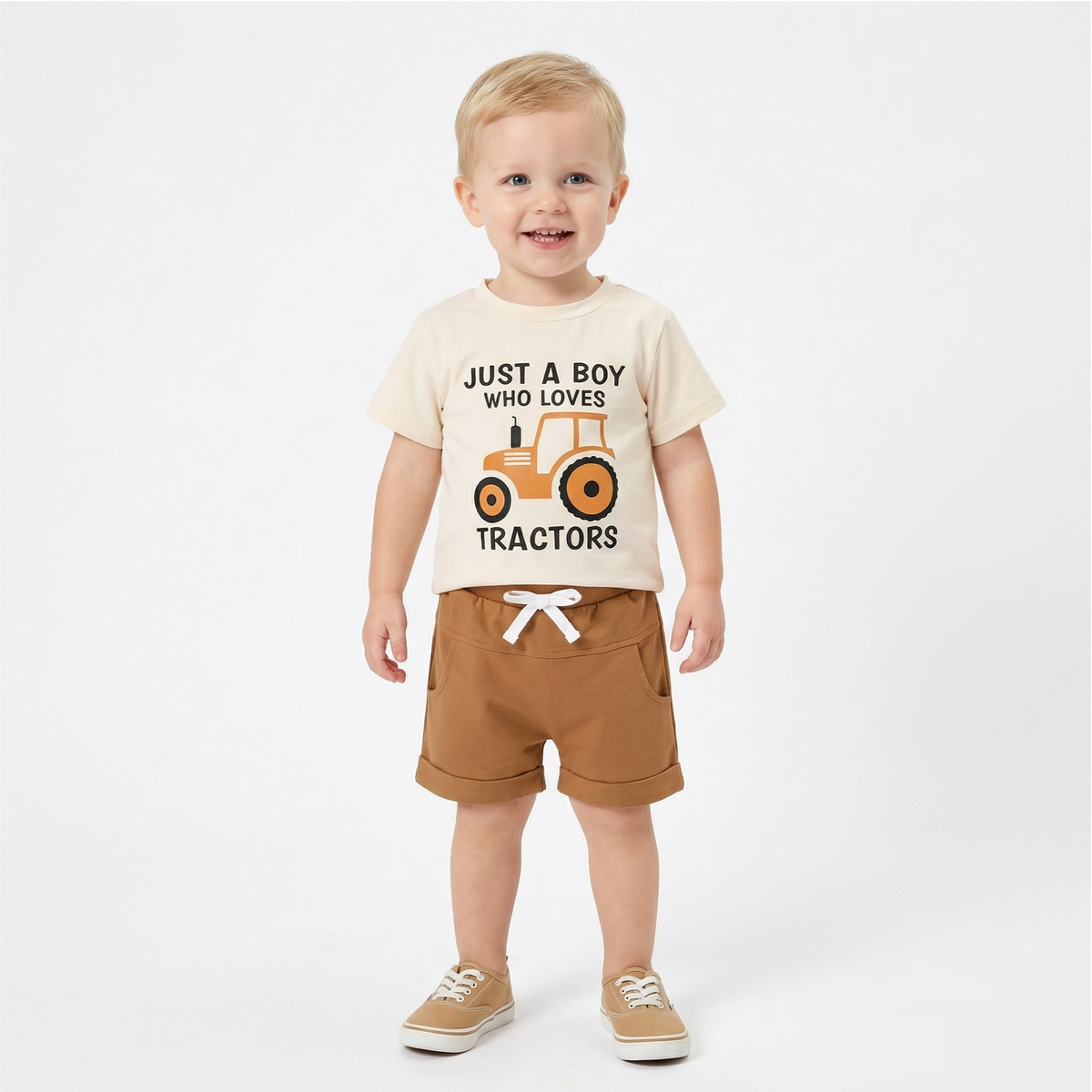 Toddler Boy's Tractor Print T-Shirt & Shorts Outfit