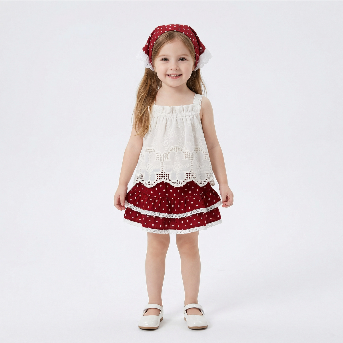 3-Piece Lace Tank Top, Polka Dot Skirt & Hood Set