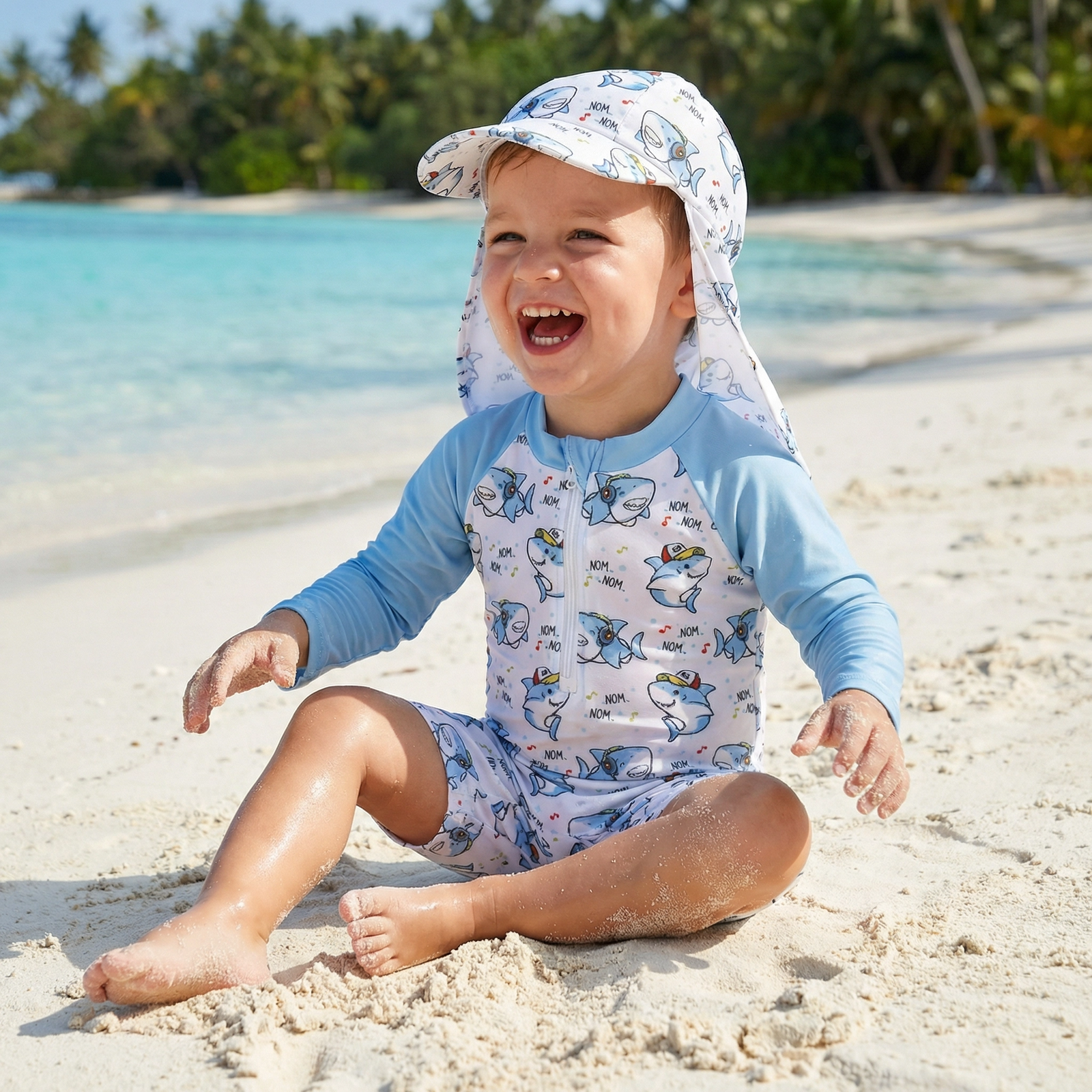 Baby Boy Rash Guard Swimsuit with Swim Cap