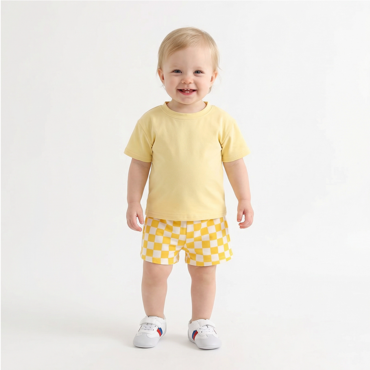 Unisex Solid T-shirt & Plaid Shorts Set
