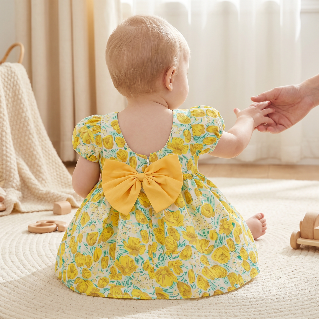 Sweet Floral Short-Sleeved Dress for Baby Girls