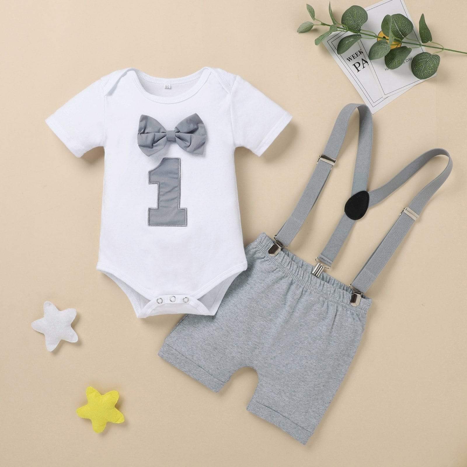 Boy's Clothing Grey / 12M 1st Birthday Boy Romper Outfit