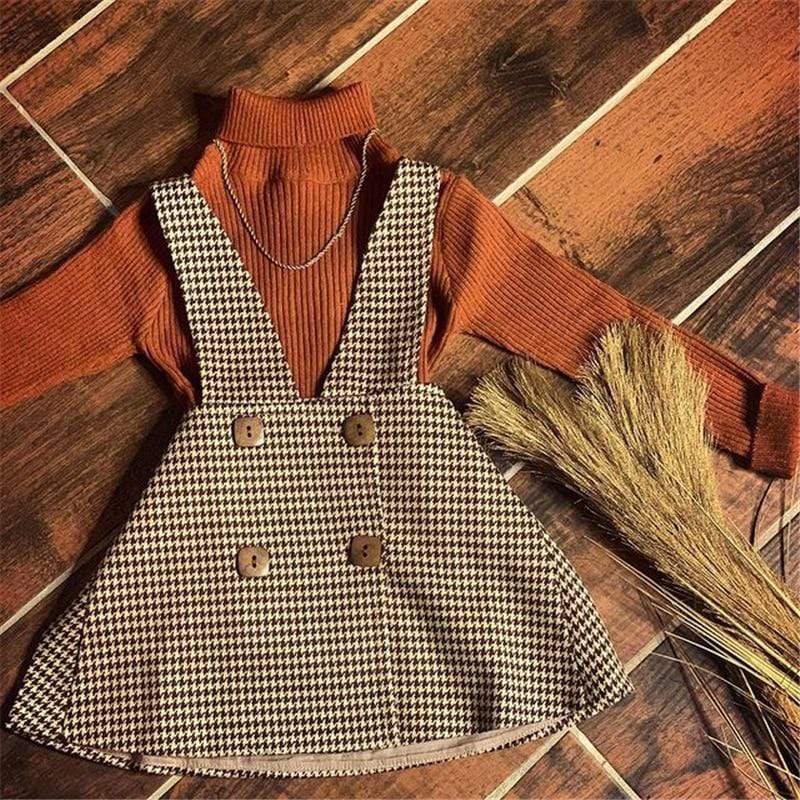 Girl's Clothing 6T 2 Pieces Suit Solid Turtleneck Tops+Plaid Suspender Skirt