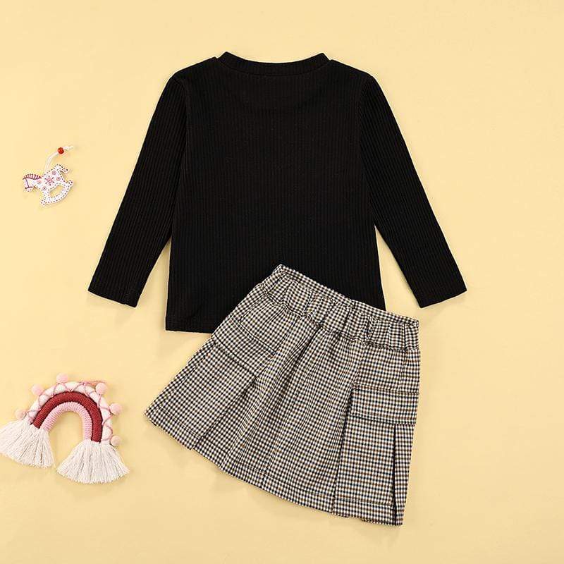 Girl's Clothing 2pcs Knit Long Sleeve Solid Sweater Tops+Plaid A-Line Skirts