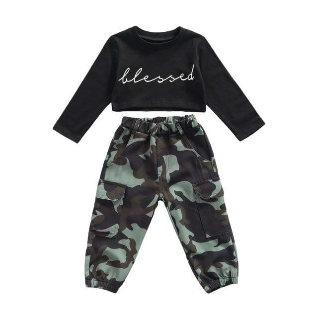 black / 2T 2pcs Letter Printed Long Sleeve Pullover Tops Camouflage Pants