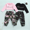 2pcs Letter Printed Long Sleeve Pullover Tops Camouflage Pants