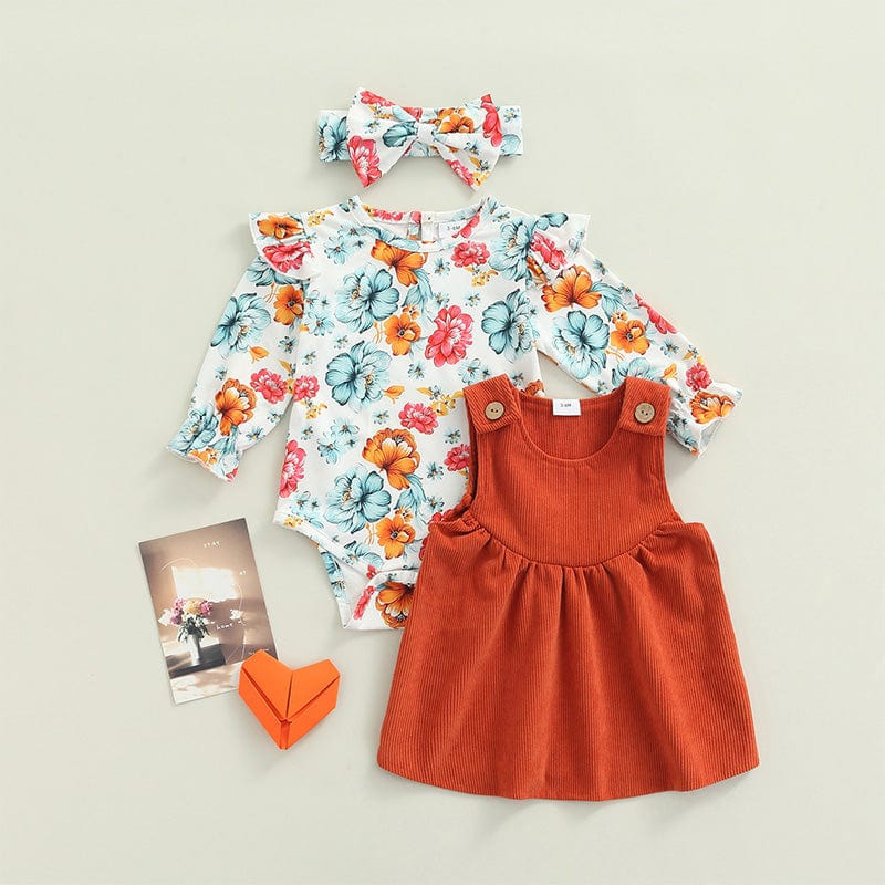 3pcs Long Sleeve Floral Romper Tops Corduroy Dress