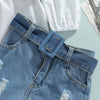 Girl&#39;s Clothing 3pcs Solid Color Long Sleeve Shirt Tops+Denim Vest+Jeans Pants