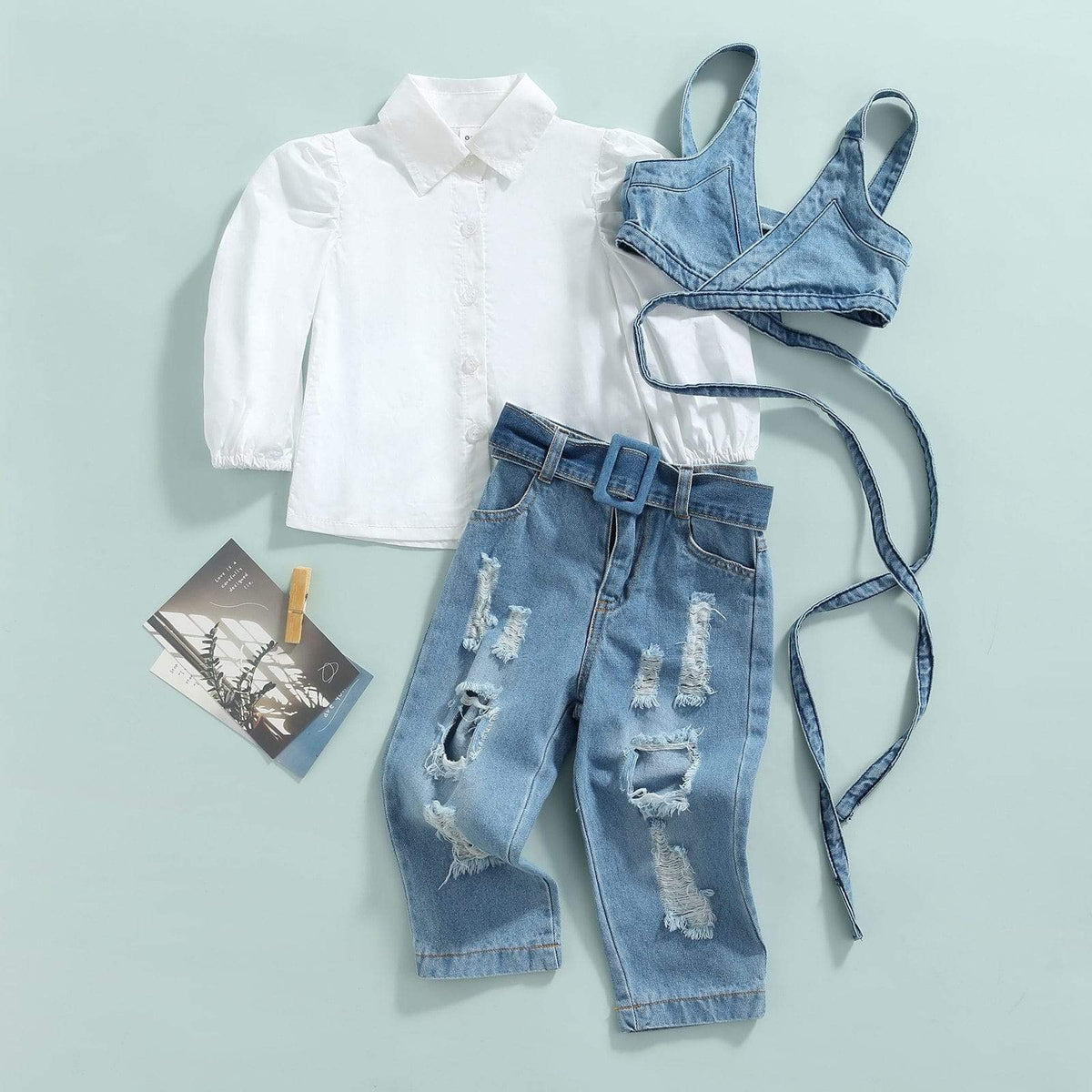 Girl's Clothing 3pcs Solid Color Long Sleeve Shirt Tops+Denim Vest+Jeans Pants
