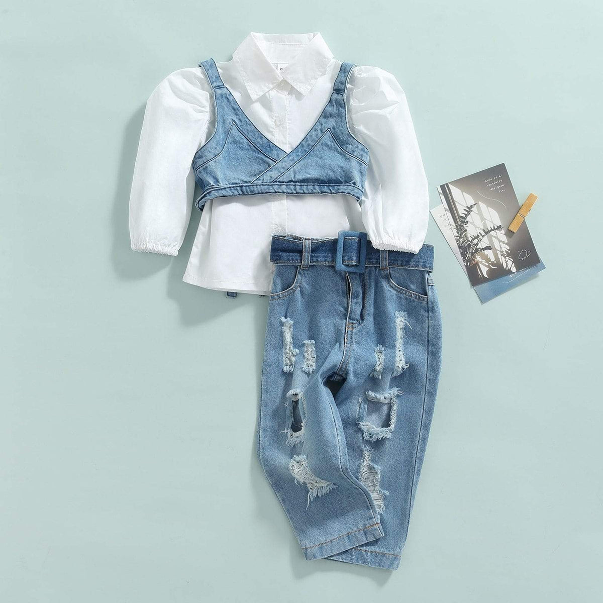 Girl's Clothing 3pcs Solid Color Long Sleeve Shirt Tops+Denim Vest+Jeans Pants