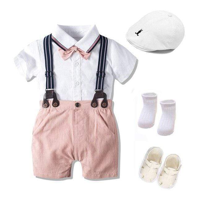 Boy's Clothing 7 PCS romper set / 12M / China Hat + Rompers + Shorts + Belt + Shoes + Socks Outfit