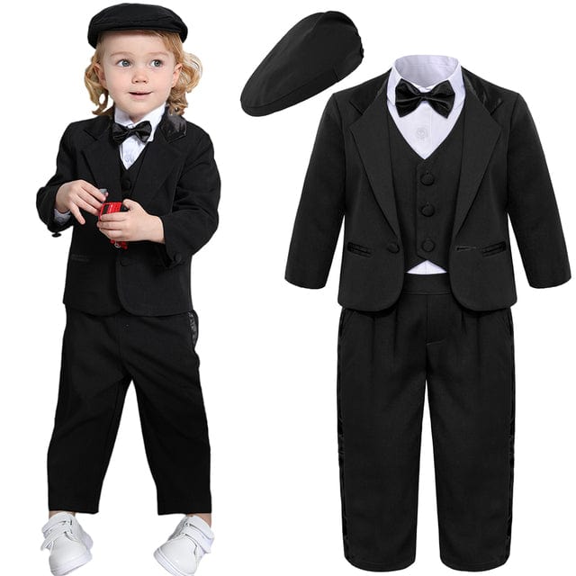 Black Suit With Hat / 12-18 Months / China Baby Boys Baptism Christening Suit Infant Wedding Birthday Outfit Toddler Party Ceremony Blessing Photography Tuxedo 4 pcs