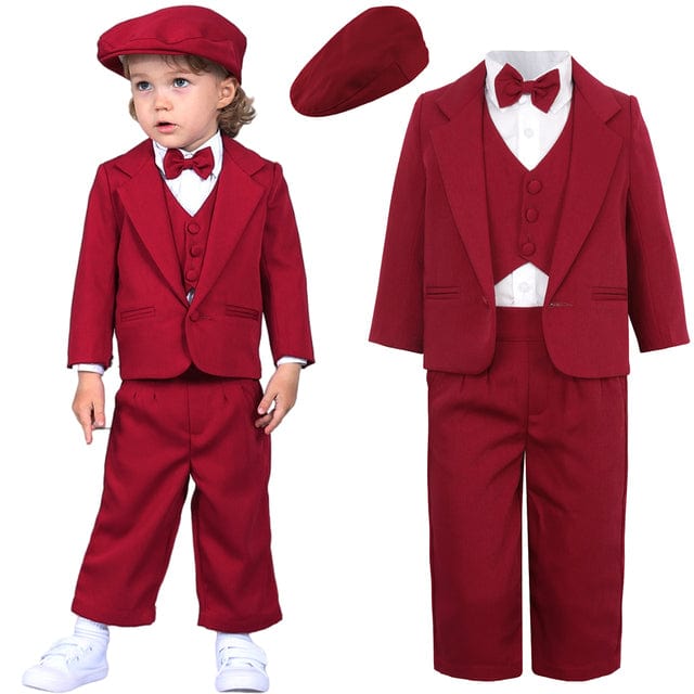 Red Suit With Hat / 12-18 Months / France Baby Boys Baptism Christening Suit Infant Wedding Birthday Outfit Toddler Party Ceremony Blessing Photography Tuxedo 4 pcs