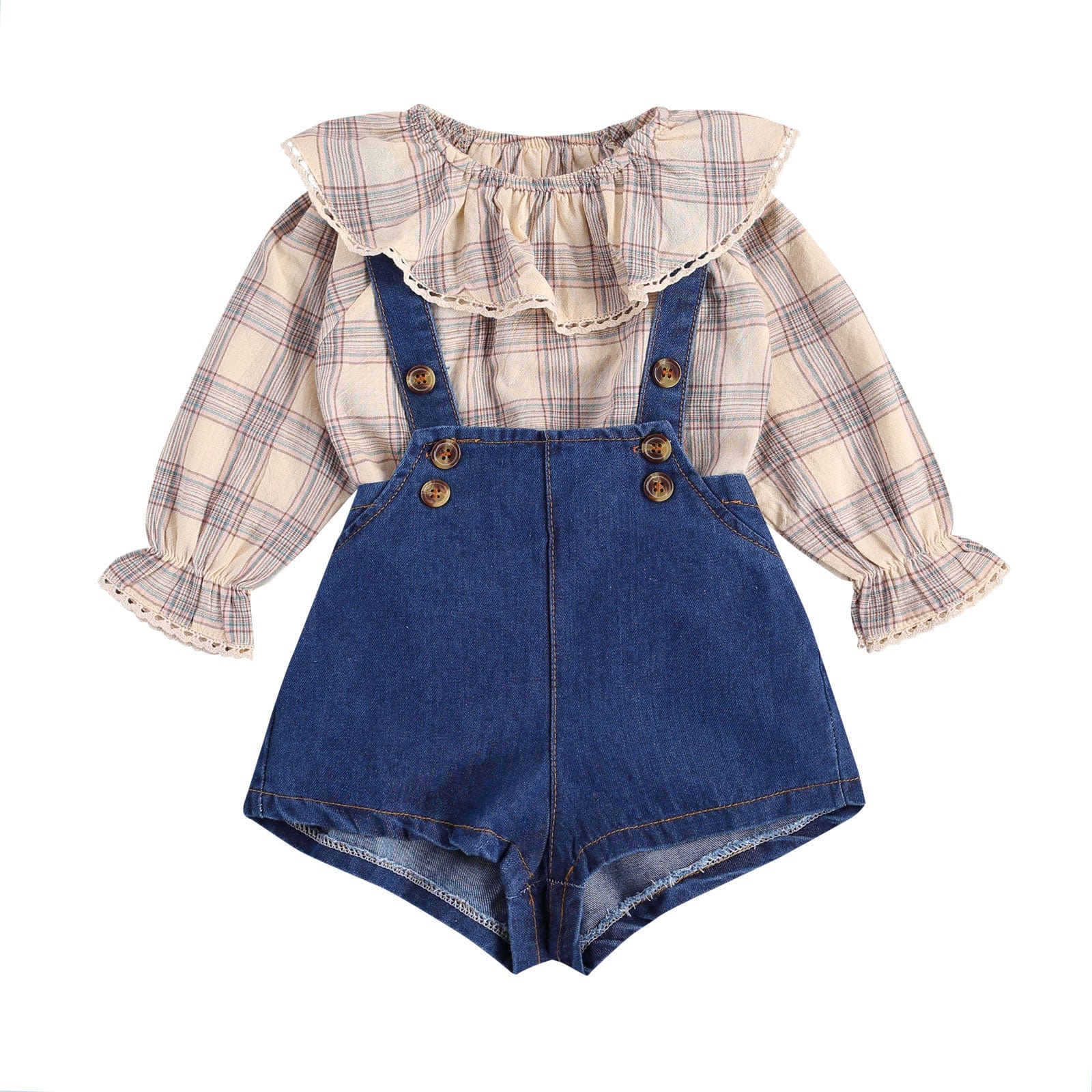 Baby Long Sleeve Ruffle Collar Plaid Pullover + Short S