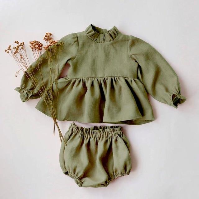 Girl's Clothing Army Green Ruffles / 0-6M 60 Baby Long Sleeve Vintage Outfit