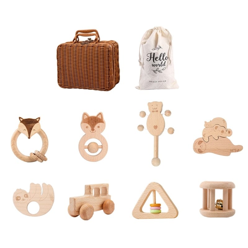 8pcs Little bear Baby Wooden Rattle