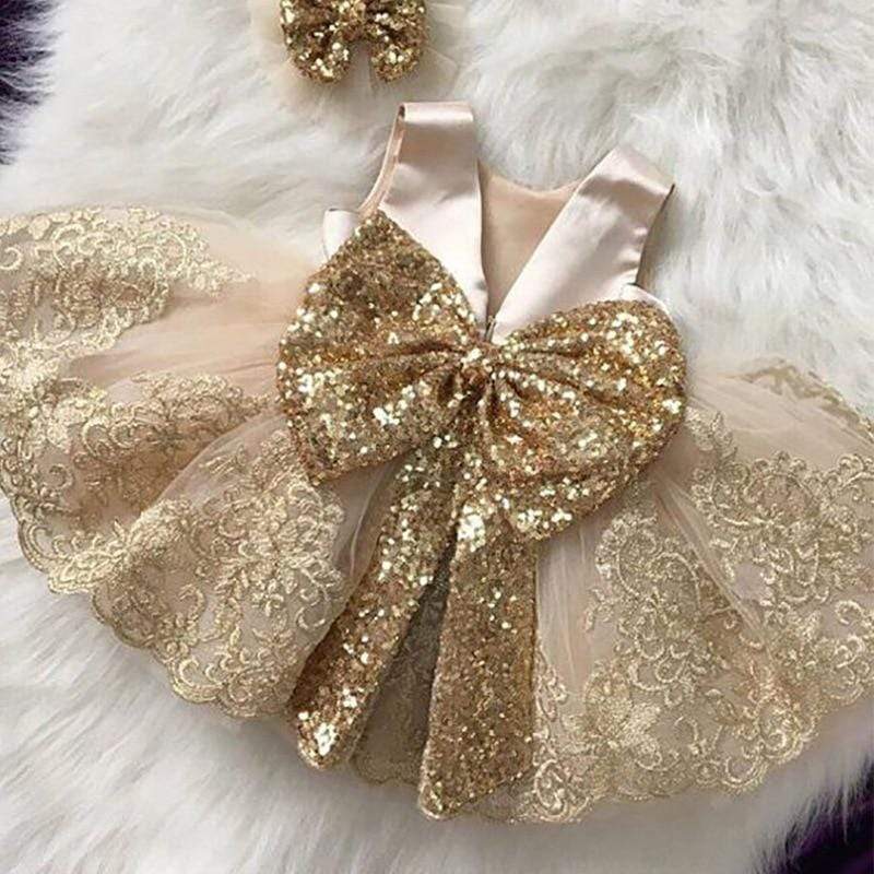 Princess Backless Gold Bow Girls Dress for BabyGown 1 Year